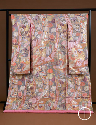 2_014 桃色と灰色の几帳柄 有職文様に桜・菊・藤 源氏車 翔鶴