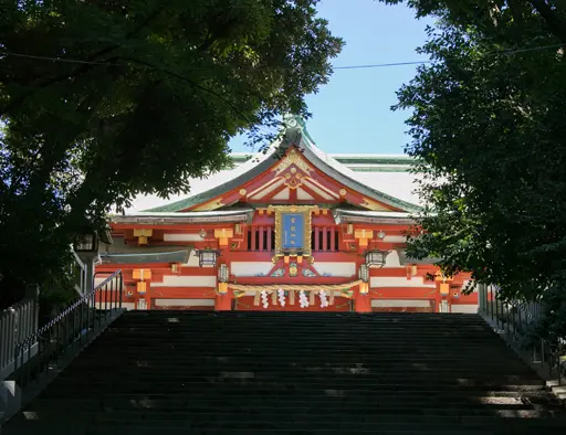 木々に覆われた石段から境内を見上げる